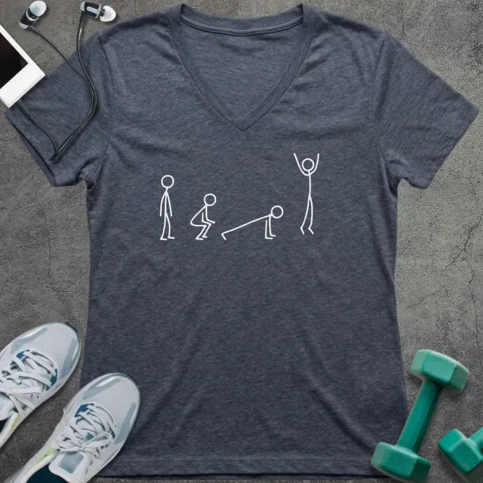 Heather navy t-shirt with white stick figures showing the stages of a burpee