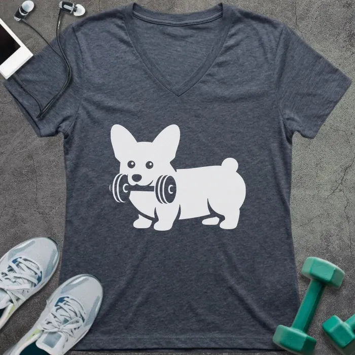 Heather navy t-shirt with a corgi holding a dumbbell