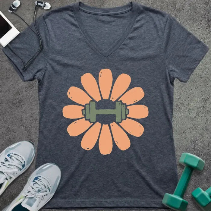 T-Shirt Heather Navy / S Dumbbell Flower V-Neck