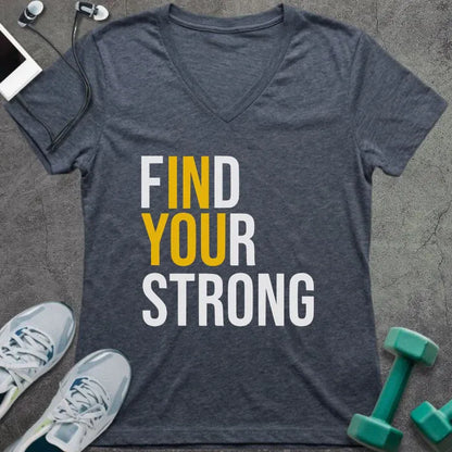 Heather navy t-shirt printed with "Find Your Strong" in yellow and white