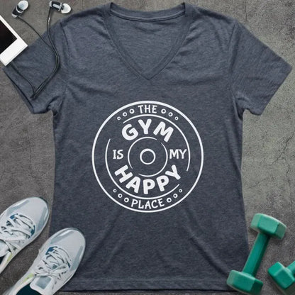 Heather navy t-shirt printed with "The Gym is my Happy Place" in white, with a dumbbell inside a circle design