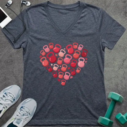 Heather navy t-shirt with kettlebells arranged in a heart shape in pink and red