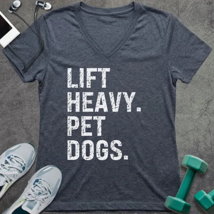 Heather navy t-shirt printed with "Lift Heavy. Pet Dogs."