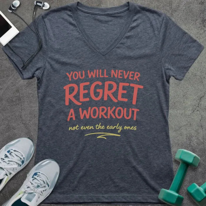 Heather navy t-shirt printed with "You Will Never Regret a Workout" in pink and yellow