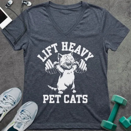 Heather navy t-shirt printed with "Lift Heavy Pet Cats" in white, with cat holding dumbbell graphic