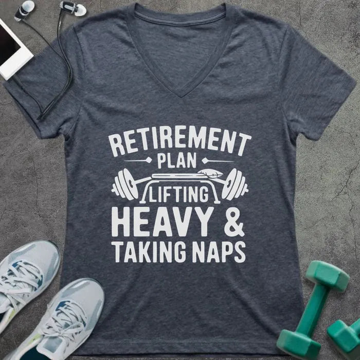 Heather navy t-shirt printed with "Retirement Plan: Lifting Heavy & Taking Naps" in white, with a barbell graphic