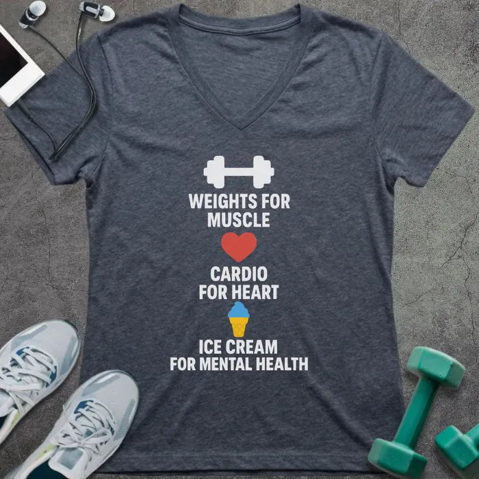Heather navy t-shirt printed with "Weights for Muscle Cardio for Heart Ice Cream for Mental Health" in white, red, blue, yellow, with a dumbbell, heart, and ice cream cone icon between lines