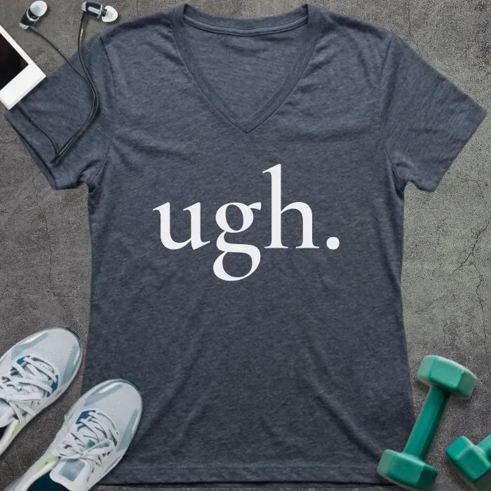 Heather navy t-shirt printed with "ugh."