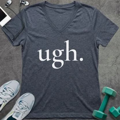 Heather navy t-shirt printed with "ugh."