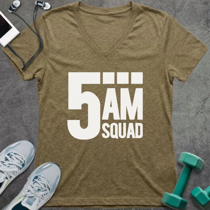 Heather olive t-shirt printed with "5AM Squad"