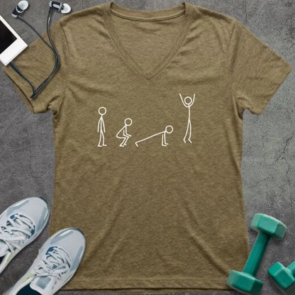 Heather olive t-shirt with white stick figures showing the stages of a burpee