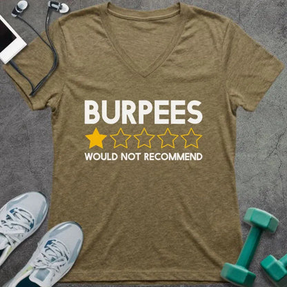 Heather olive t-shirt printed with "Burpees Would Not Recommend" in yellow, white, with a one-star out of five star rating icon