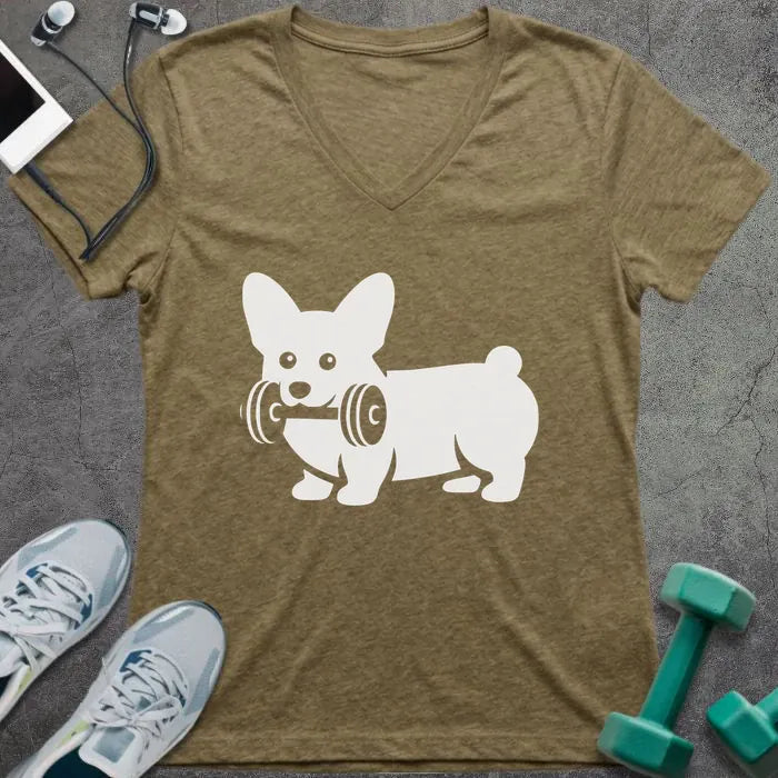 Heather olive t-shirt with a corgi holding a dumbbell