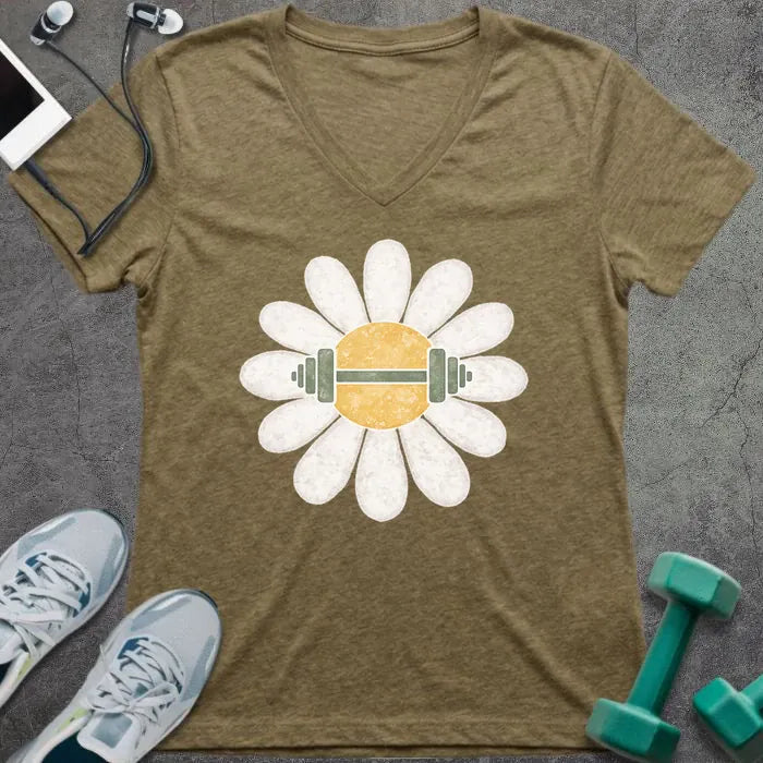 T-Shirt Heather Olive / S Daisy Barbell V-Neck