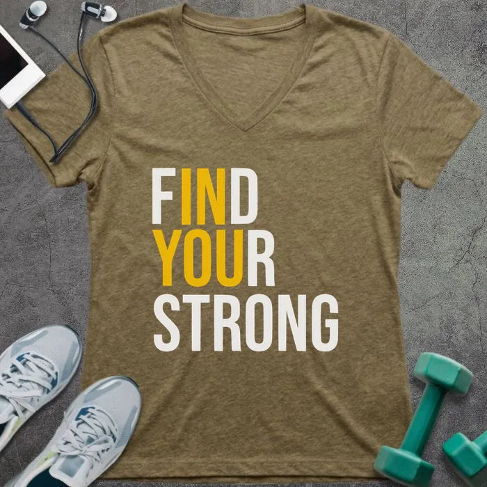 Heather olive t-shirt printed with "Find Your Strong" in yellow and white