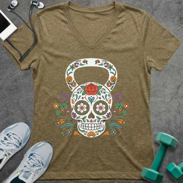 Heather olive t-shirt with a decorative skull kettlebell design in multicolor