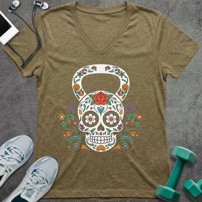 Heather olive t-shirt with a decorative skull kettlebell design in multicolor