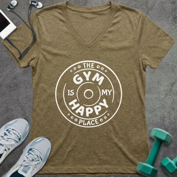 Heather olive t-shirt printed with "The Gym is my Happy Place" in white, with a dumbbell inside a circle design