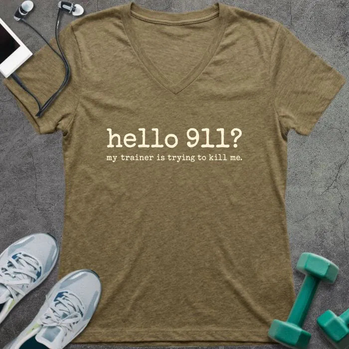 T-Shirt Heather Olive / S Hello 911 V-Neck