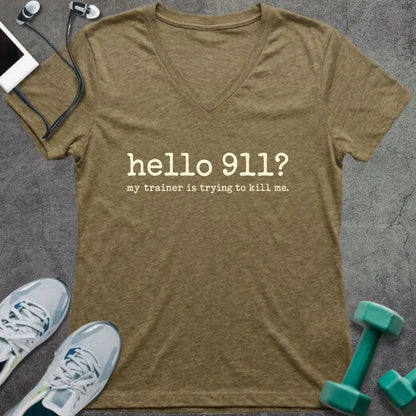 T-Shirt Heather Olive / S Hello 911 V-Neck