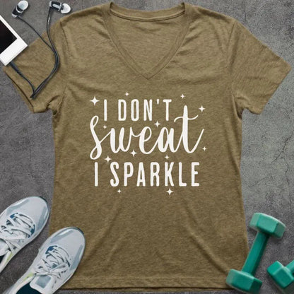 Heather olive t-shirt printed with "I Don't Sweat, I Sparkle" in white, with sparkle graphics