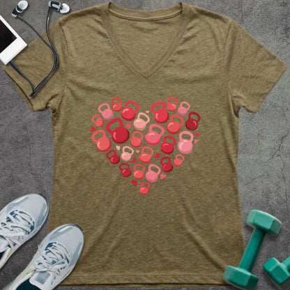 Heather olive t-shirt with kettlebells arranged in a heart shape in pink and red