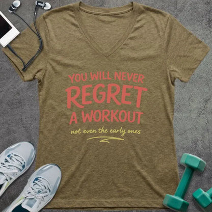 Heather olive t-shirt printed with "You Will Never Regret a Workout" in pink and yellow