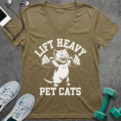 Heather olive t-shirt printed with "Lift Heavy Pet Cats" in white, with cat holding dumbbell graphic