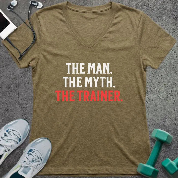 Heather olive t-shirt printed with "The Man. the Myth. the Trainer." in red and white