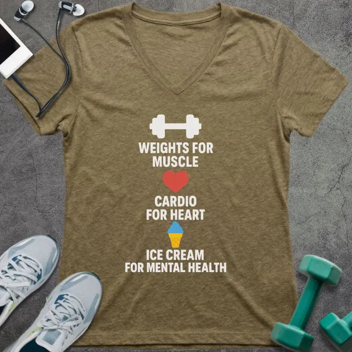 Heather olive t-shirt printed with "Weights for Muscle Cardio for Heart Ice Cream for Mental Health" in white, red, blue, yellow, with a dumbbell, heart, and ice cream cone icon between lines