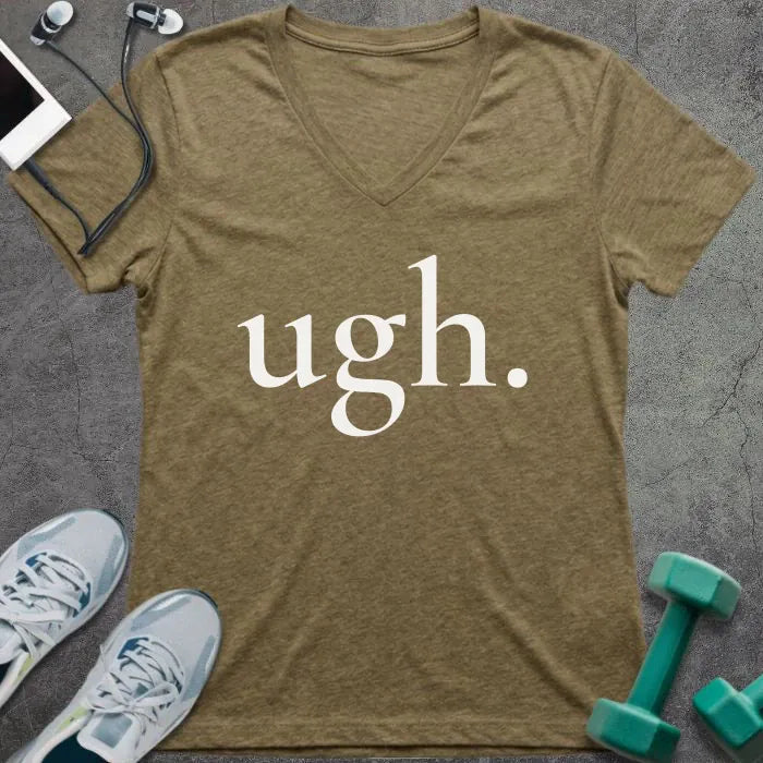 Heather olive t-shirt printed with "ugh."