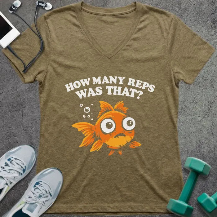 Heather olive t-shirt printed with "How Many Reps Was That?", with an illustration of a wide-eyed goldfish and bubbles