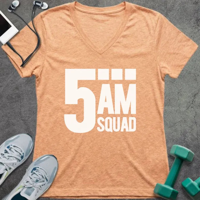 Heather peach t-shirt printed with "5AM Squad"