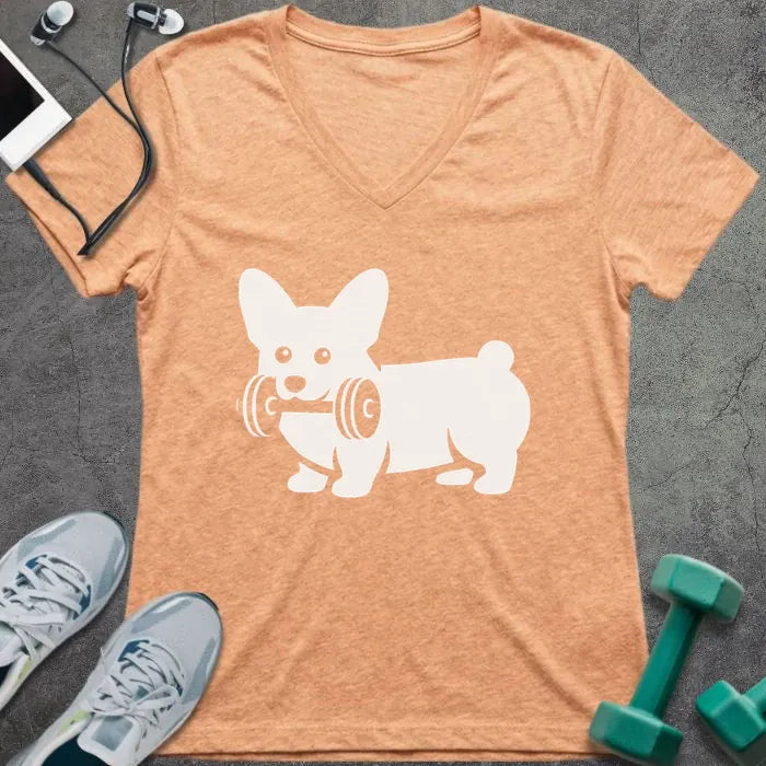 Heather peach t-shirt with a corgi holding a dumbbell