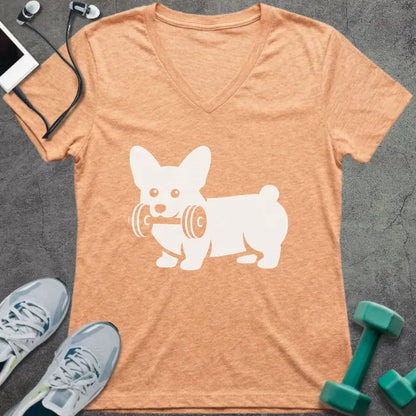 Heather peach t-shirt with a corgi holding a dumbbell