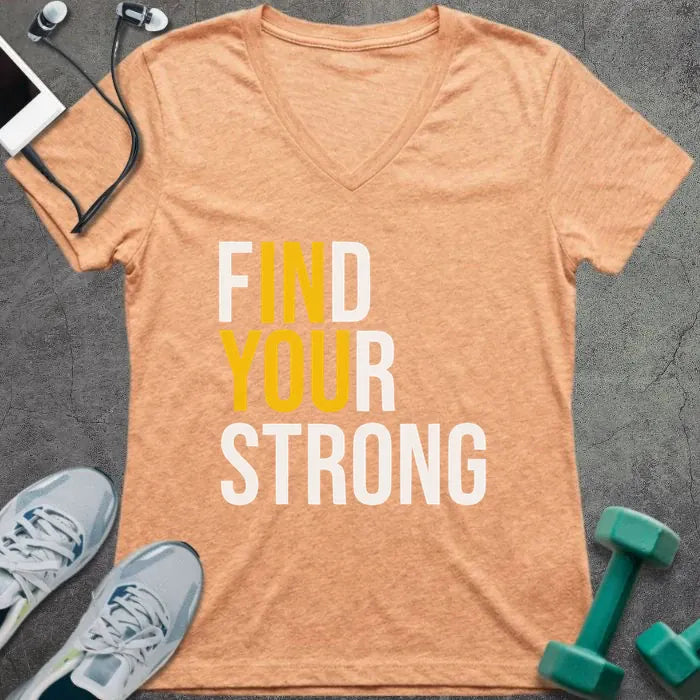 Heather peach t-shirt printed with "Find Your Strong" in yellow and white