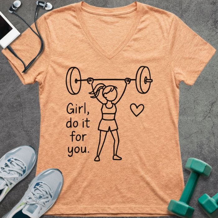 Heather peach t-shirt printed with "Girl, do it for you" in black, with a stick figure lifting a barbell