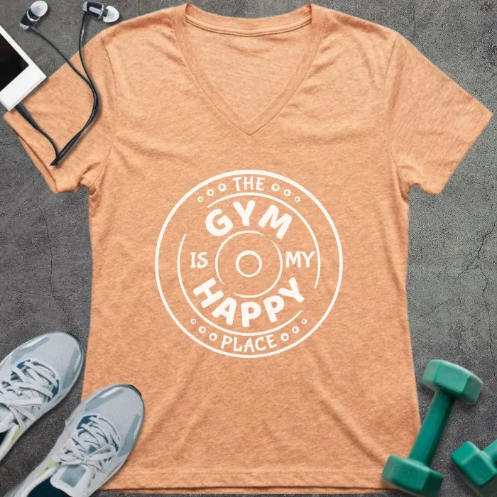 Heather peach t-shirt printed with "The Gym is my Happy Place" in white, with a dumbbell inside a circle design