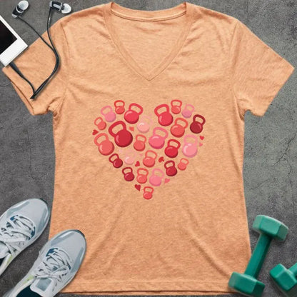 Heather peach t-shirt with kettlebells arranged in a heart shape in pink and red