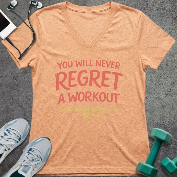 Heather peach t-shirt printed with "You Will Never Regret a Workout" in pink and yellow