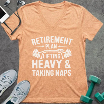 Heather peach t-shirt printed with "Retirement Plan: Lifting Heavy & Taking Naps" in white, with a barbell graphic