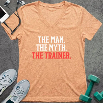 Heather peach t-shirt printed with "The Man. the Myth. the Trainer." in red and white