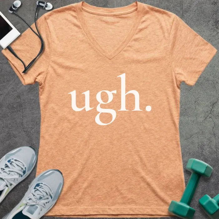 Heather peach t-shirt printed with "ugh."