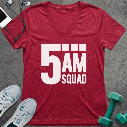 Heather red t-shirt printed with "5AM Squad"