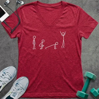 Heather red t-shirt with white stick figures showing the stages of a burpee