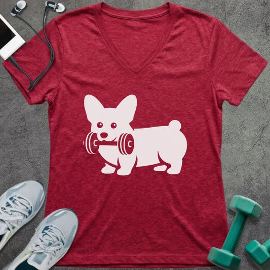 T-Shirt Heather Red / S Corgi Dumbbell V-Neck