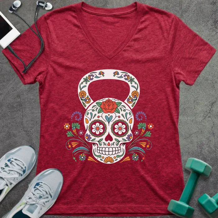 Heather red t-shirt with a decorative skull kettlebell design in multicolor