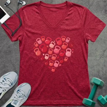 Heather red t-shirt with kettlebells arranged in a heart shape in pink and red