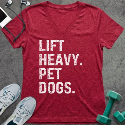 Heather red t-shirt printed with "Lift Heavy. Pet Dogs."