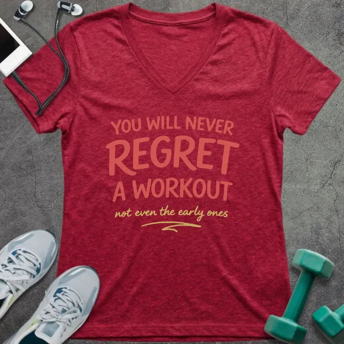 Heather red t-shirt printed with "You Will Never Regret a Workout" in pink and yellow